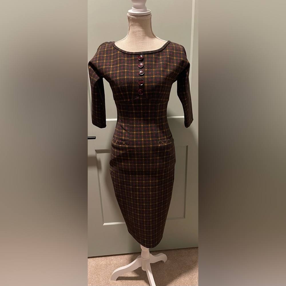 NWT 1950s Repro Tatyana Caroline Shaping Wiggle Midi Dress XS Dark Plaid